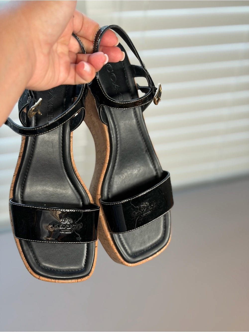 Limited Coach Black Patent Leather Cork Wedge Sandals